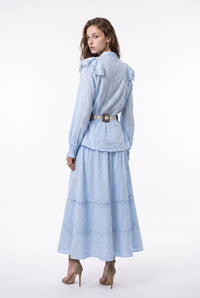 Eyelet Trim Pin-Tuck Blouse And Maxi Skirt Set