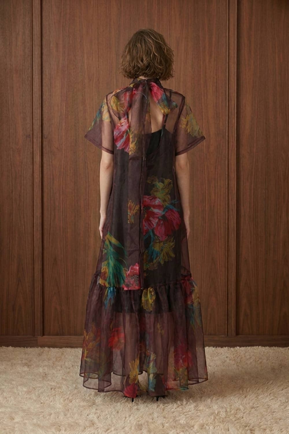Floral Print Sheer Organza Tie Neck Maxi Dress