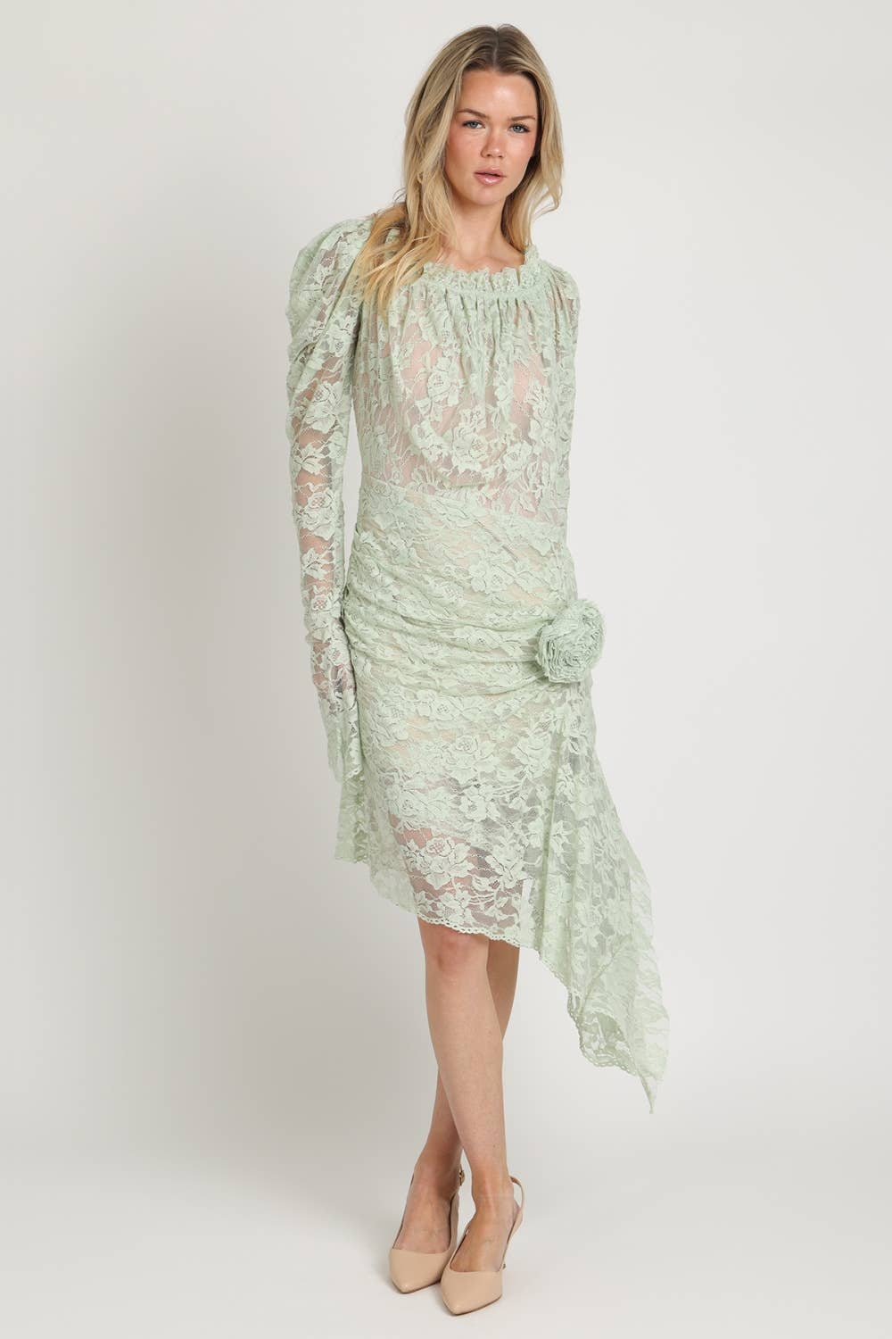 Floral Embroidered Mesh Draped Midi Dress
