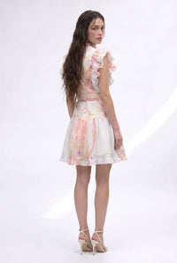 Botanical Print Ruffled Flutter Sleeve Mini Dress