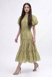 Smocked Yoke Puff Sleeve Tiered Midi Dress