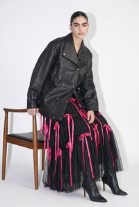 Tiered Tulle Contrast Bow Midi Skirt
