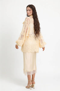 Sheer Floral Lace Tie Neck Oversized Blouse