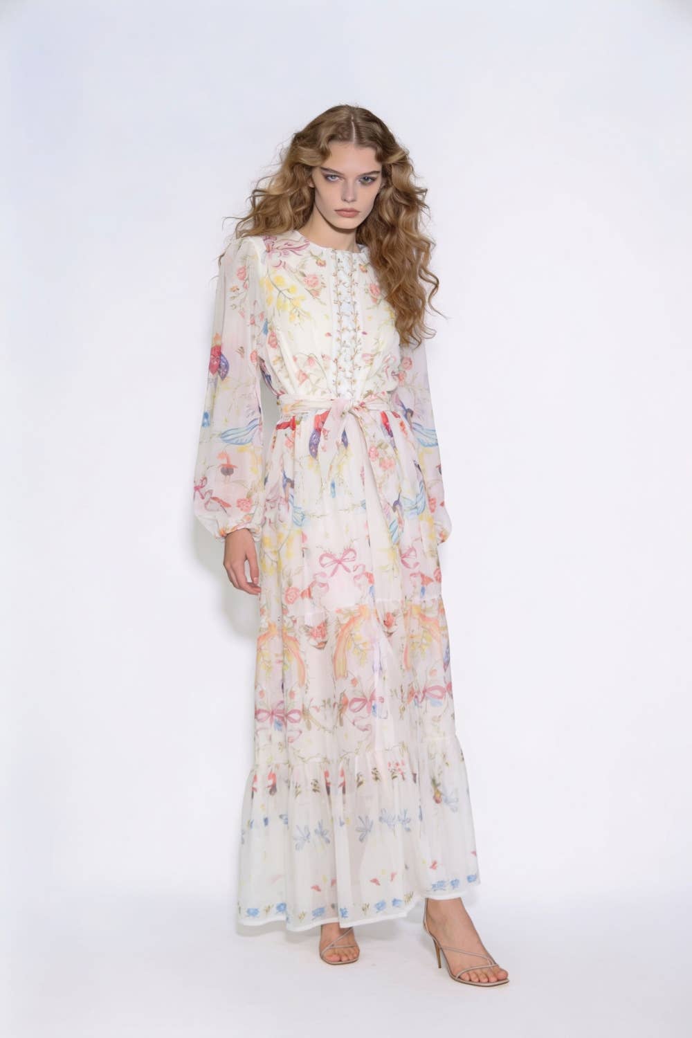 Floral Print Belted Tiered Maxi Dress