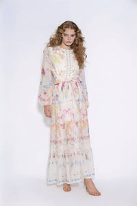 Floral Print Belted Tiered Maxi Dress