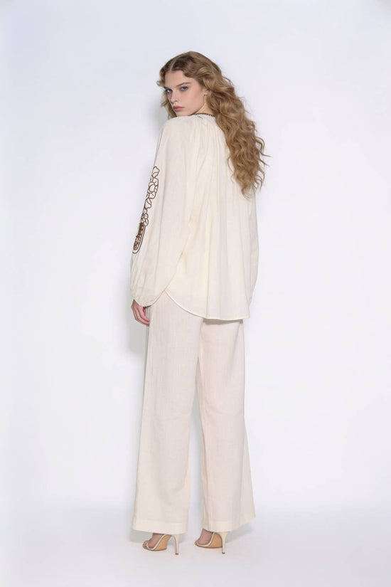 Cutout Embroidered Jewel-Trimmed Peasant Blouse