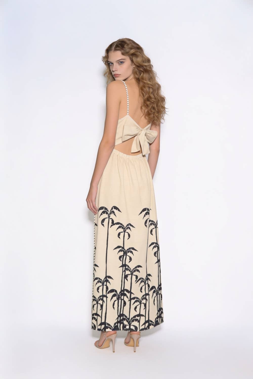 Palm Embroidered Open-Back Tie Maxi Dress