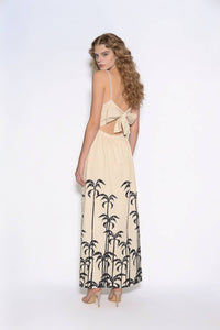 Palm Embroidered Open-Back Tie Maxi Dress