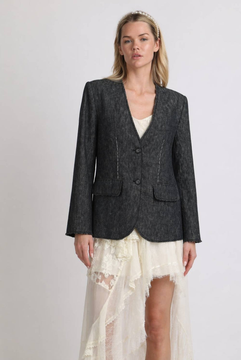 Collarless Contrast Stitched Textured Woven Blazer