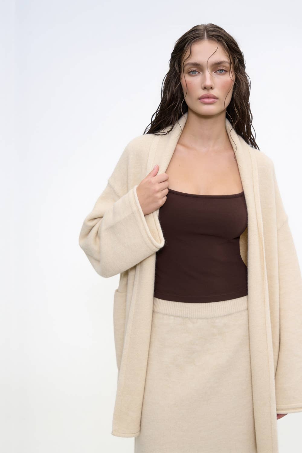 Shawl Collar Open-Front Knit Cardigan