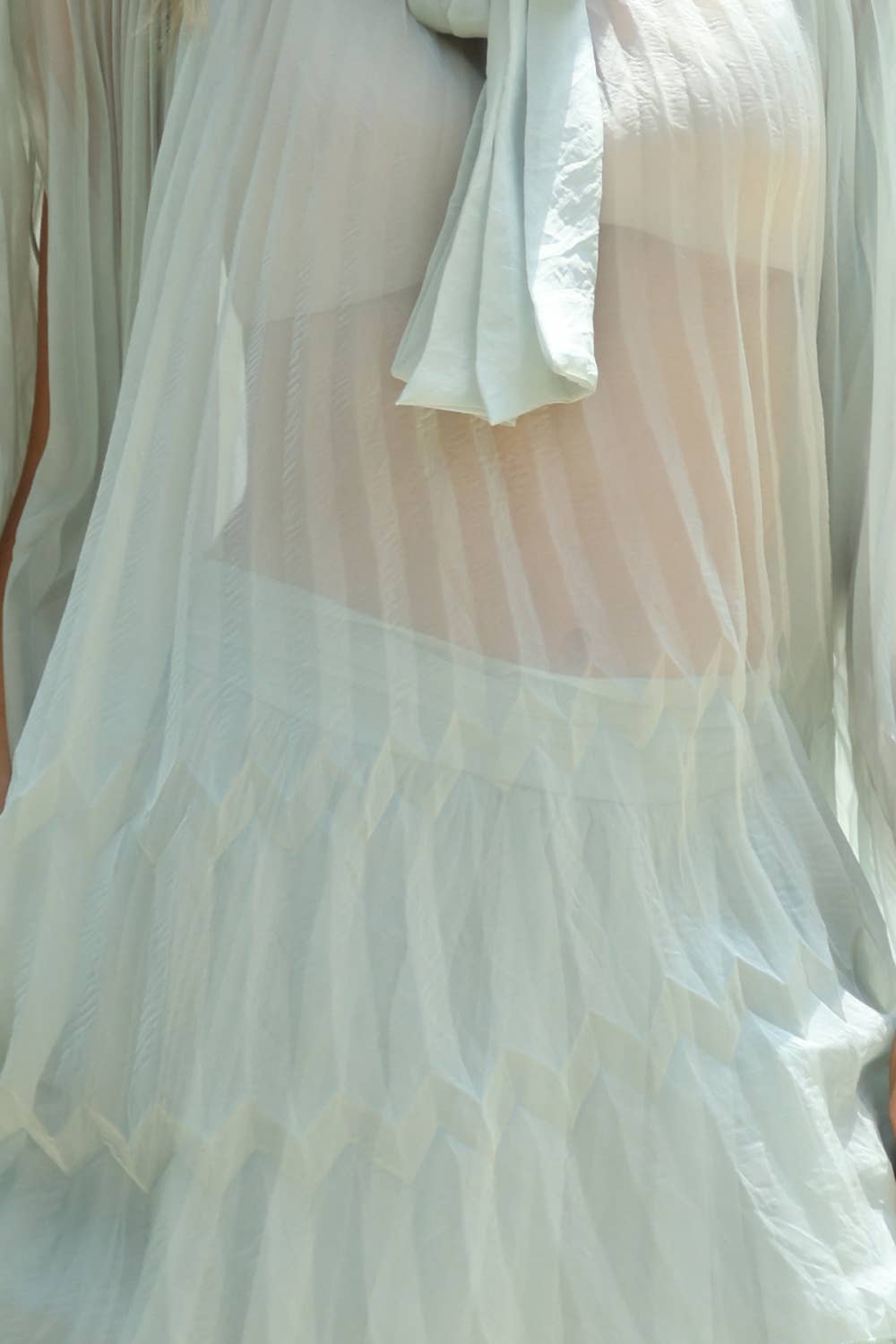 Pleated Sheer Tie Neck Top And Tiered Maxi Skirt Set