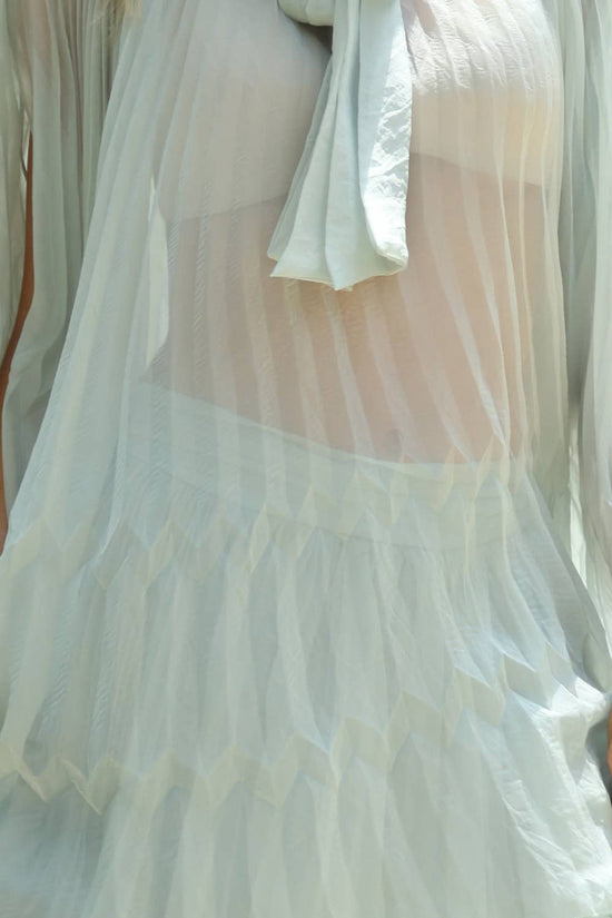 Pleated Sheer Tie Neck Top And Tiered Maxi Skirt Set