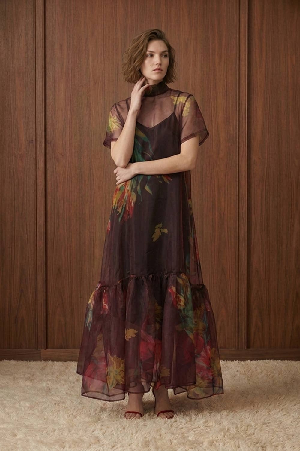 Floral Print Sheer Organza Tie Neck Maxi Dress