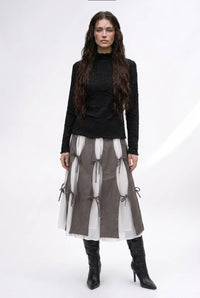 Cutout Panel Tie-Detail Pleated Midi Skirt