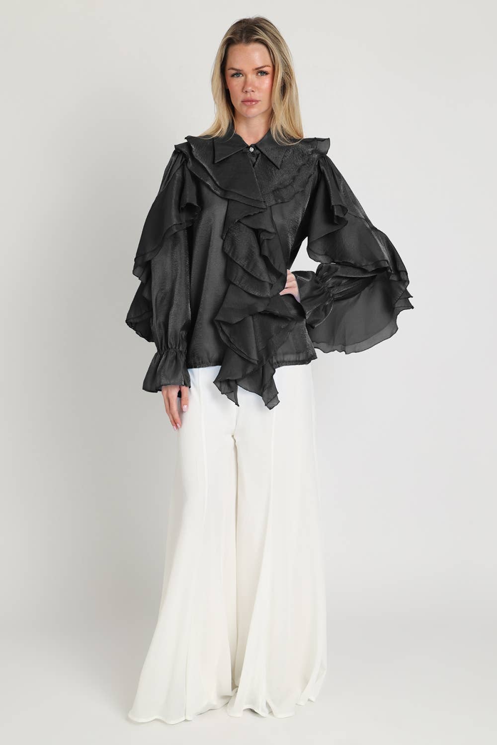 Shimmer Organza Voluminous Ruffled Blouse