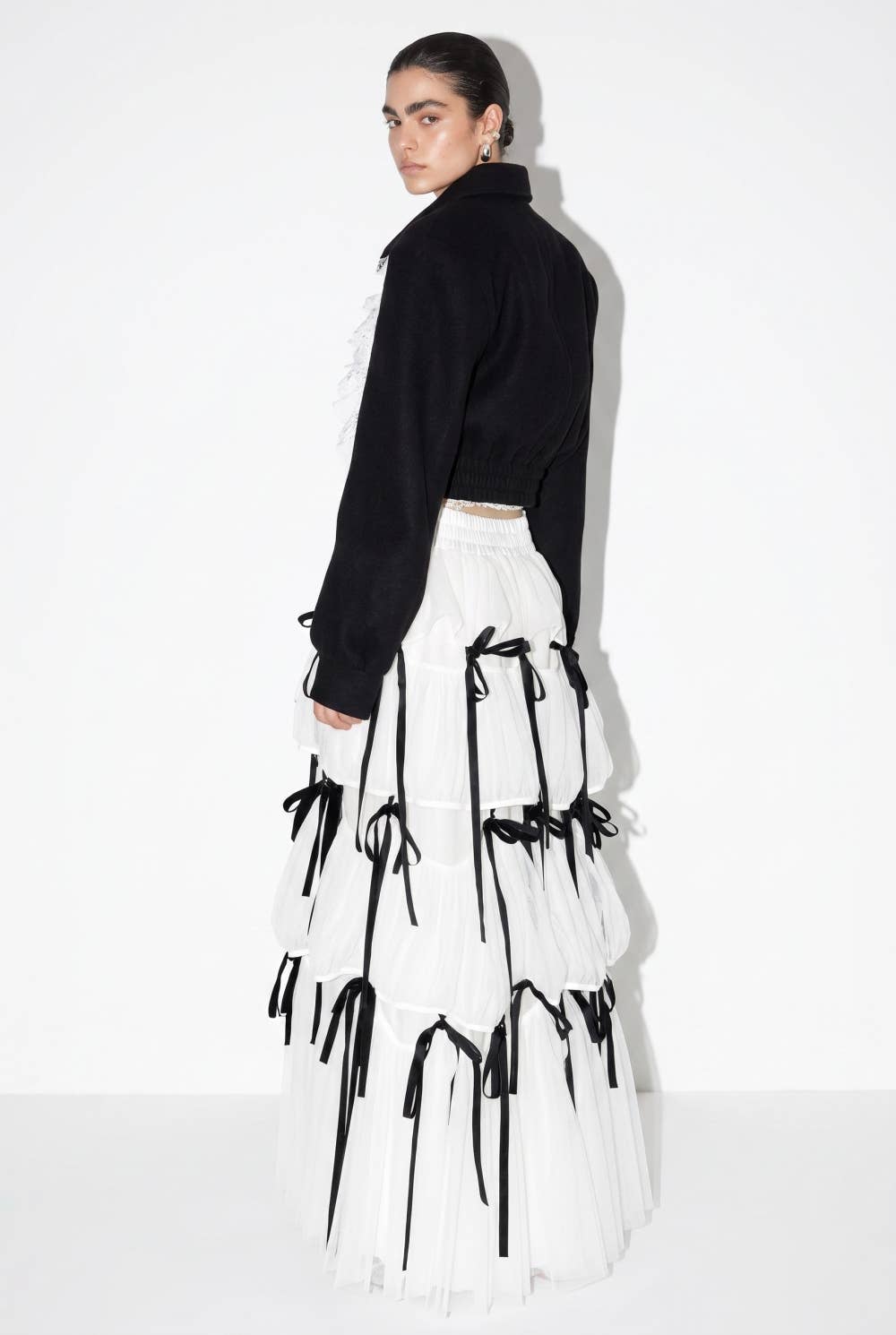 Tiered Tulle Contrast Bow Midi Skirt