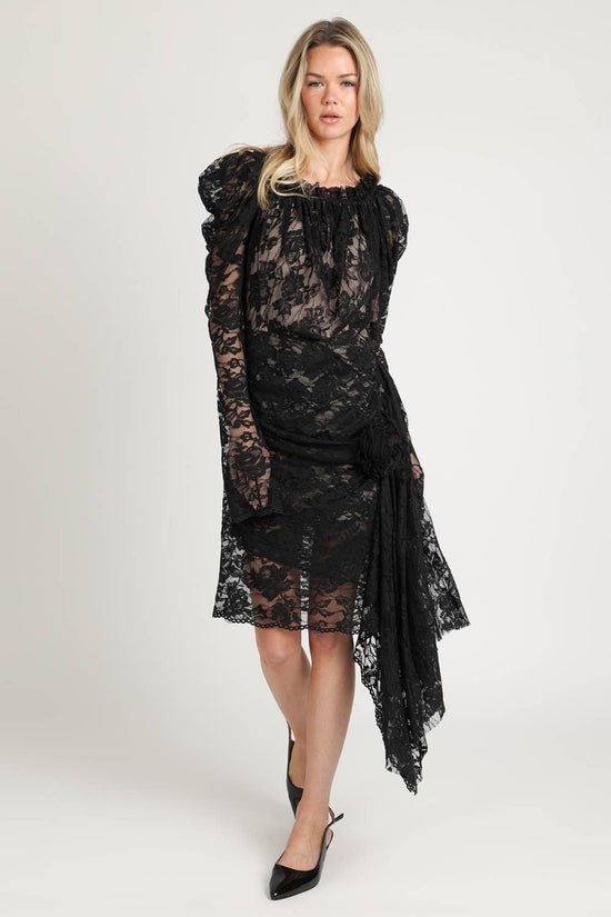 Floral Embroidered Mesh Draped Midi Dress