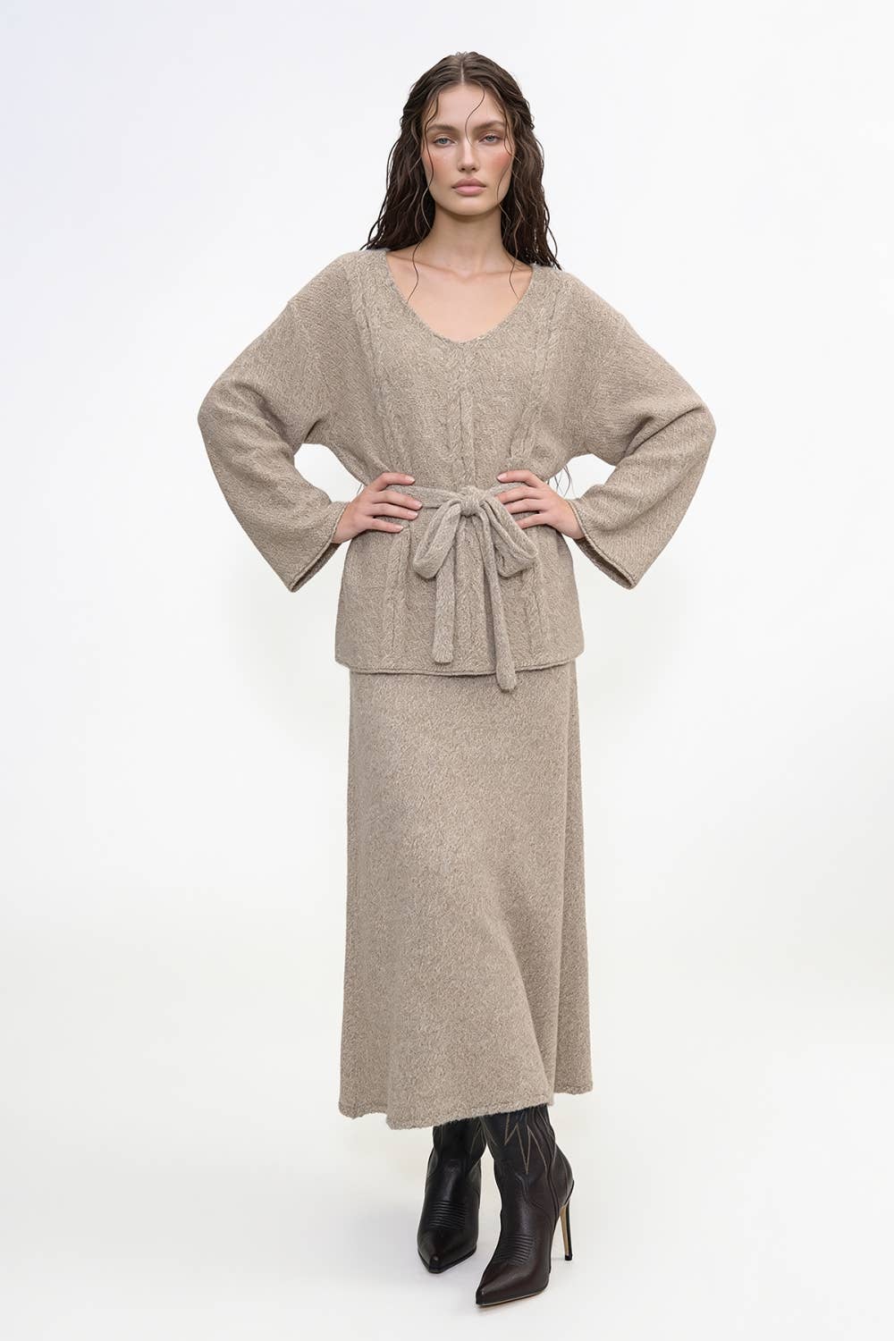 Belted Cable Knit Tunic Top And Maxi Skirt Set
