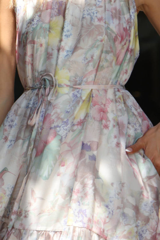 Botanical Floral Tiered High-Neck Maxi Dress