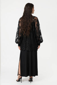 Sheer Floral Lace Tie Neck Oversized Blouse