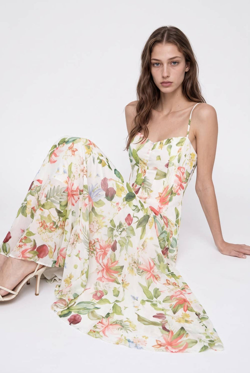 Botanical Print Corset Seamed Maxi Dress