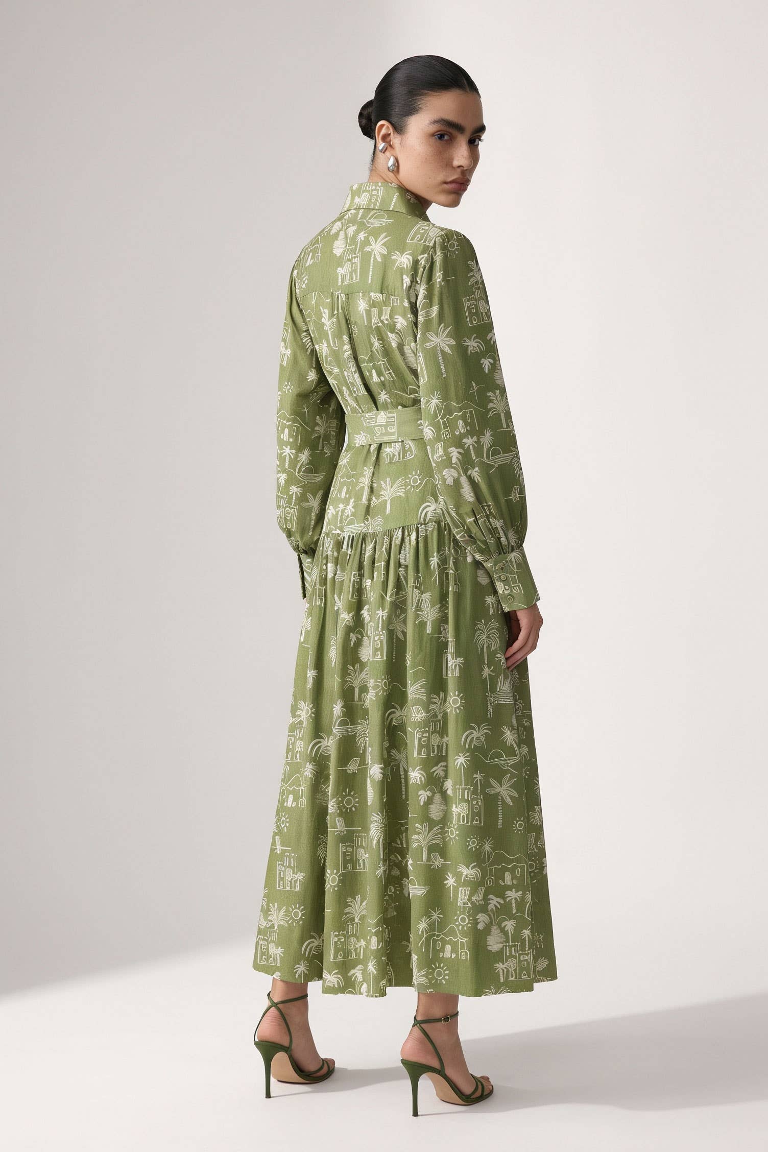 Coastal Illustrated Belted Shirt Maxi Dress