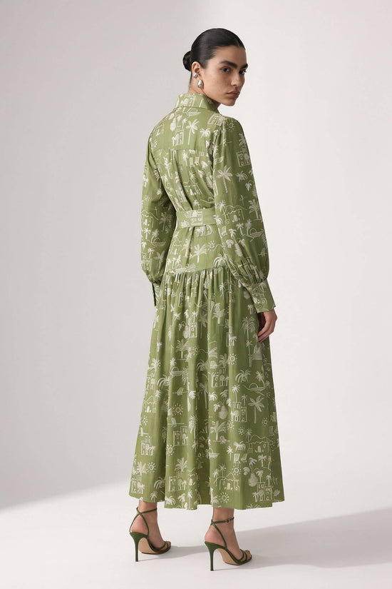 Coastal Illustrated Belted Shirt Maxi Dress