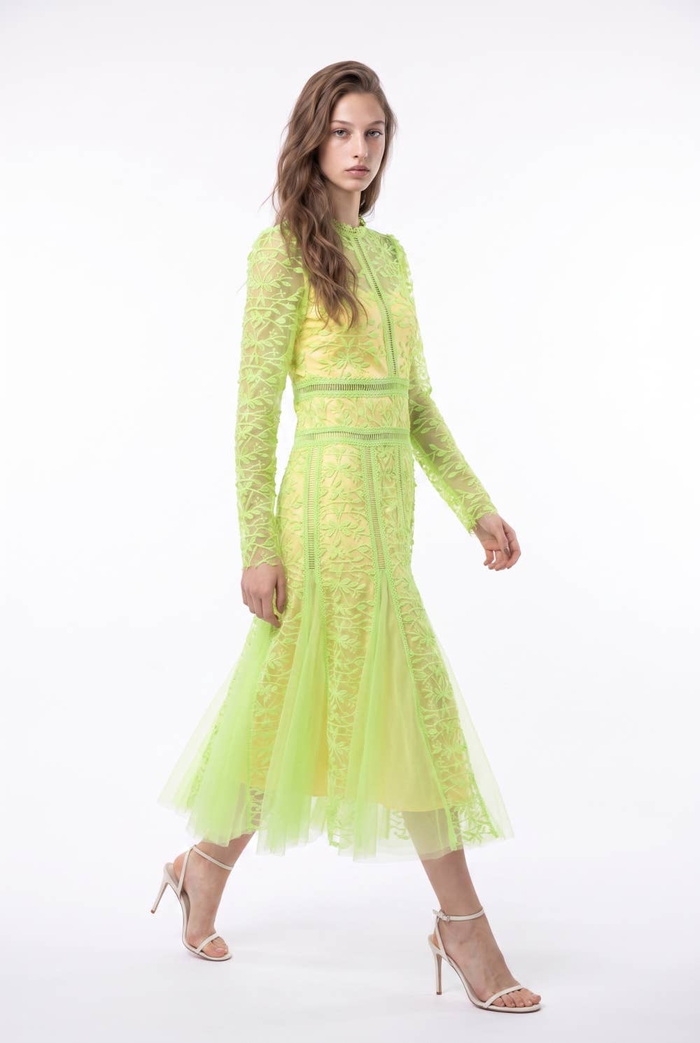Embroidered Mesh Paneled Midi Dress