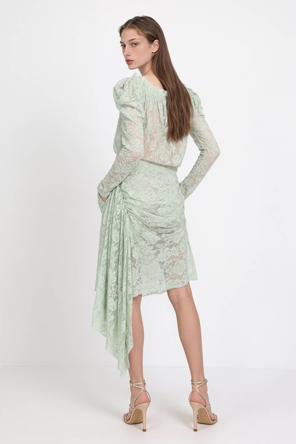 Rosette Detail Ruched Lace Asymmetric Midi Dress