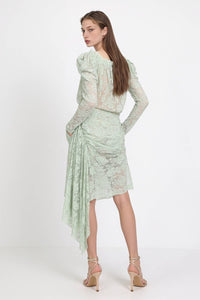 Rosette Detail Ruched Lace Asymmetric Midi Dress
