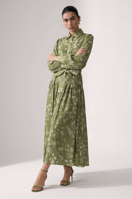 Coastal Illustrated Belted Shirt Maxi Dress