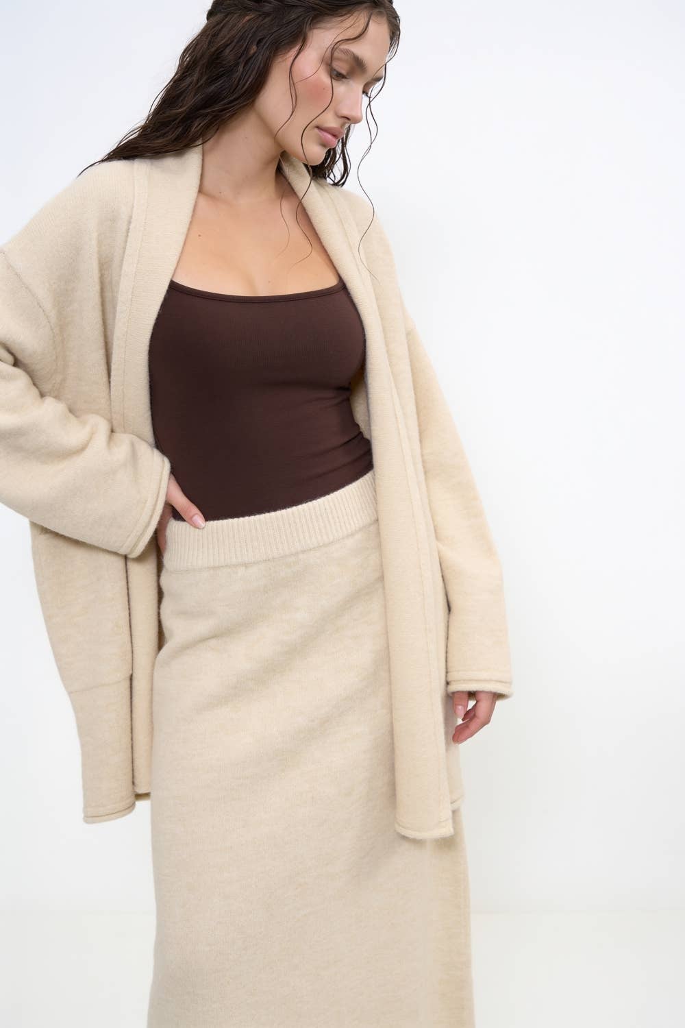 Shawl Collar Open-Front Knit Cardigan