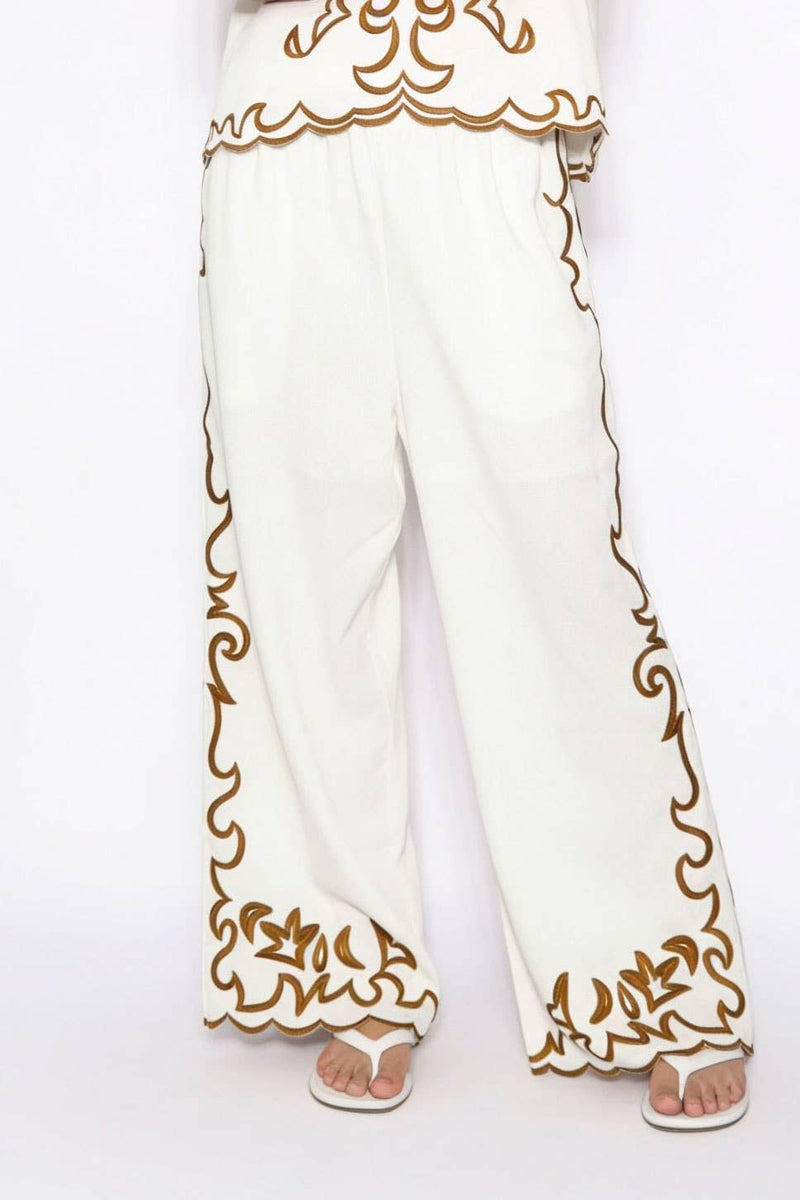 Embroidered Scalloped Wide Leg Trousers