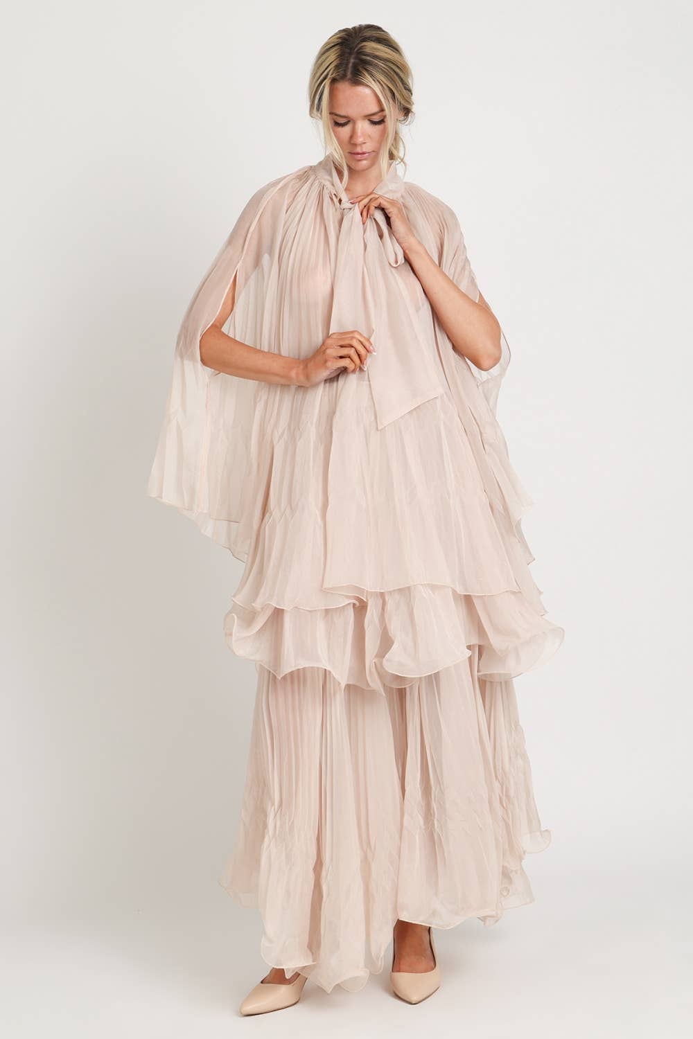 Pleated Sheer Tie Neck Top And Tiered Maxi Skirt Set