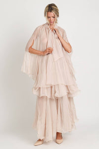 Pleated Sheer Tie Neck Top And Tiered Maxi Skirt Set