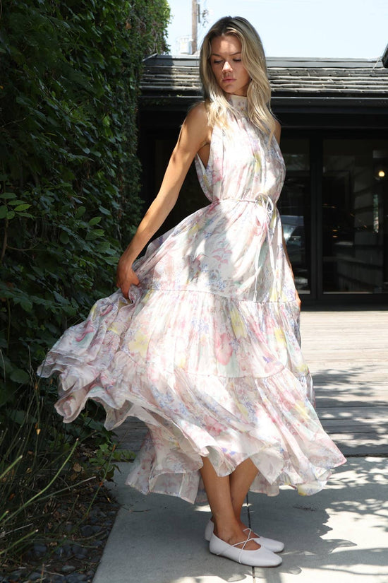 Botanical Floral Tiered High-Neck Maxi Dress