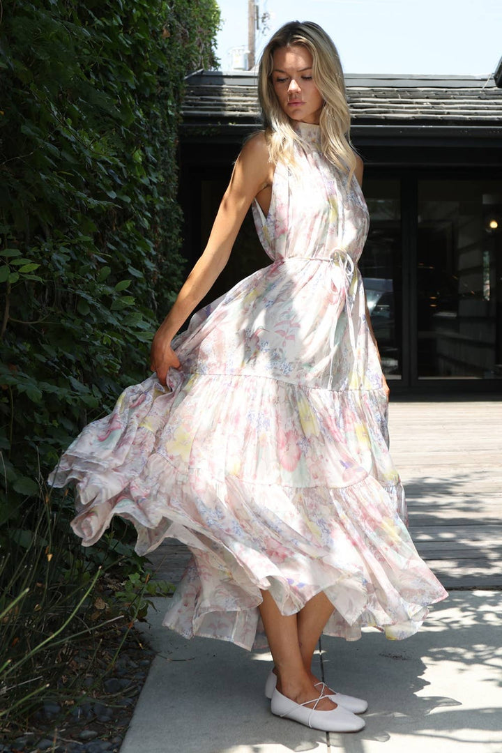 Botanical Floral Tiered High-Neck Maxi Dress
