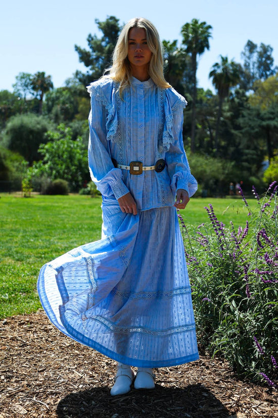 Lace Trimmed Ruffled Blouse And Tiered Maxi Skirt Set