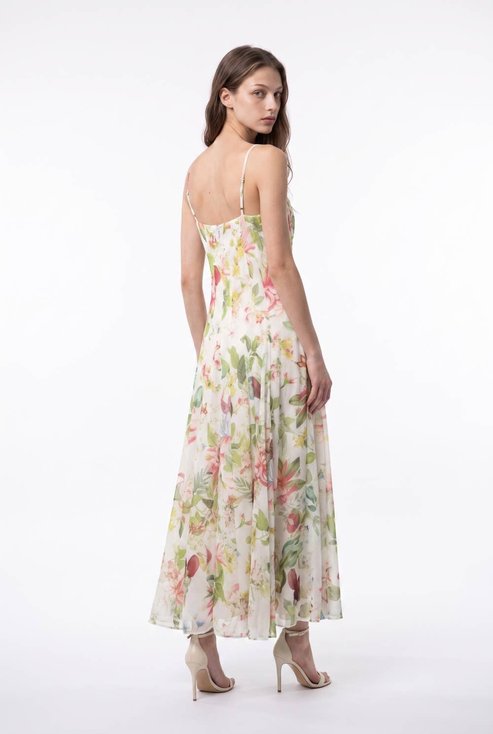 Botanical Print Corset Seamed Maxi Dress