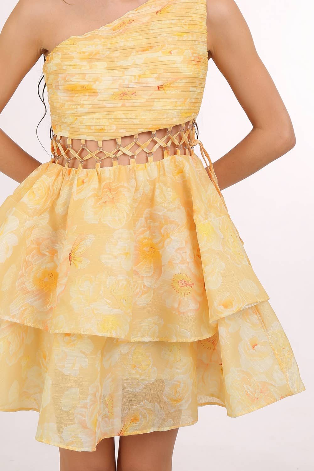 One Shoulder Caged Waist Floral Organza Mini Dress