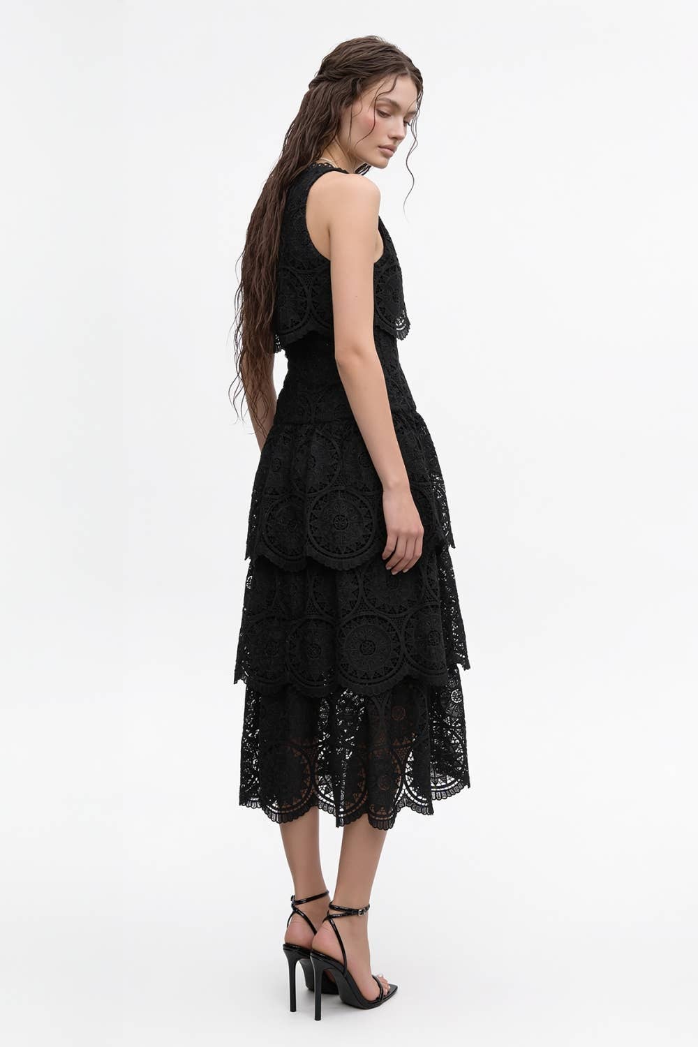Geometric Guipure Lace Tiered Maxi Dress
