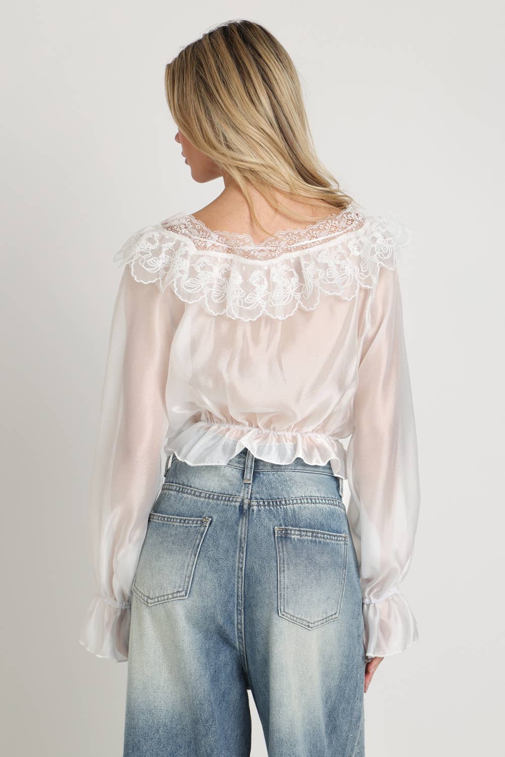 Lace Embroidered Organza Ruffle Crop Top