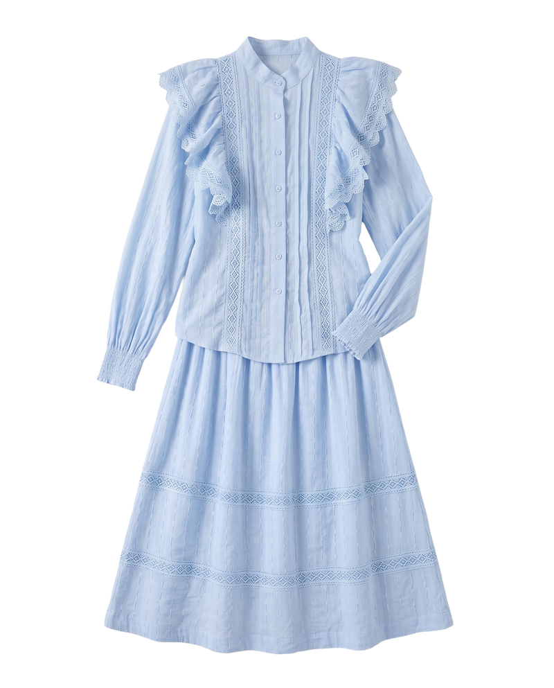 Eyelet Trim Pin-Tuck Blouse And Maxi Skirt Set