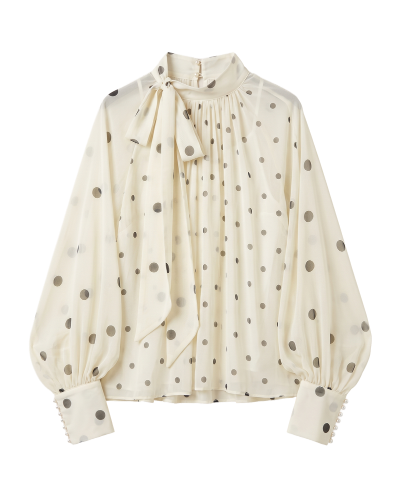Polka Dot Tie-Neck Sheer Chiffon Blouse