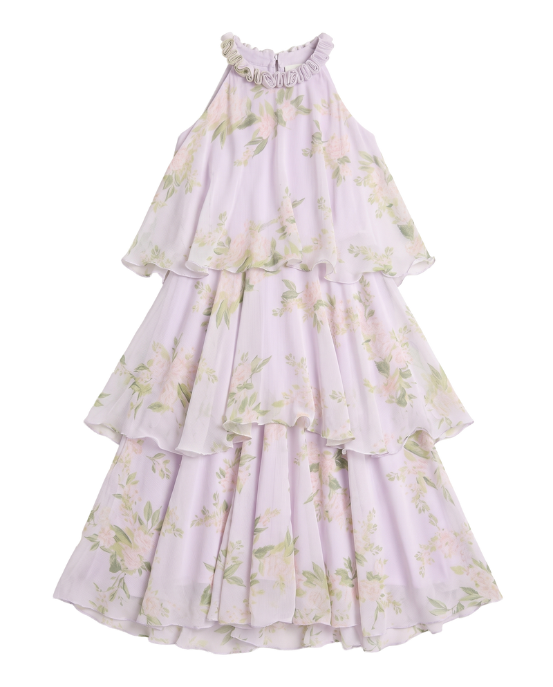 Rosette Neckline Floral Tiered Maxi Dress