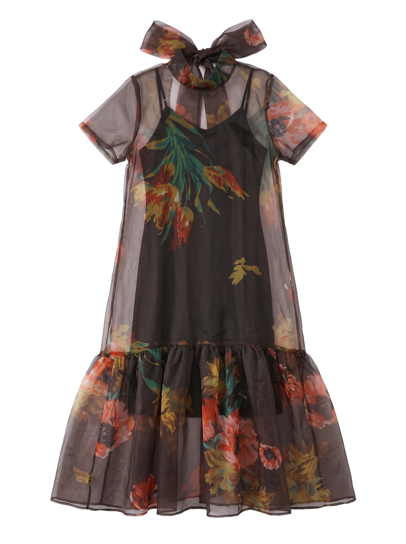 Floral Print Sheer Organza Tie Neck Maxi Dress