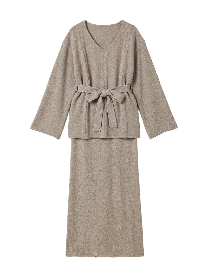 Belted Cable Knit Tunic Top And Maxi Skirt Set