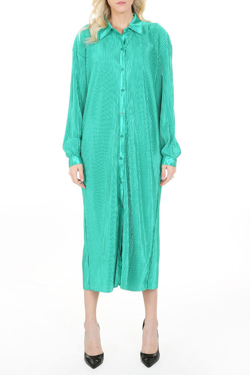 Pleated Satin Shirt Long Dress - Shop Beulah Style
