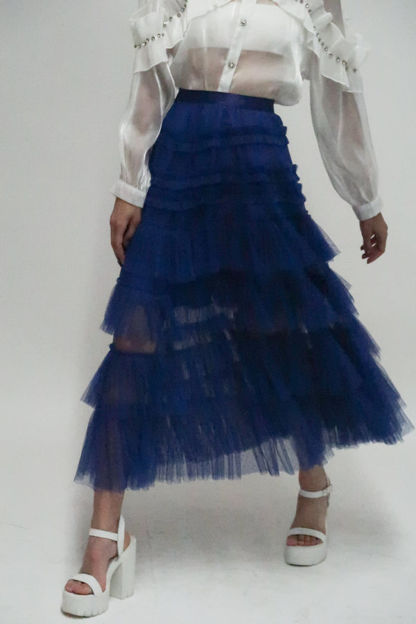 Claire Frilled And Ruffled Mesh Maxi Skirt - Shop Beulah Style