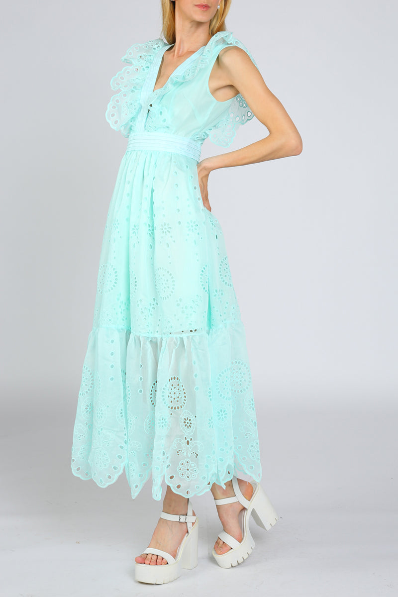 Ruffle Shoulder Eyelet Embroidery Dress - Shop Beulah Style